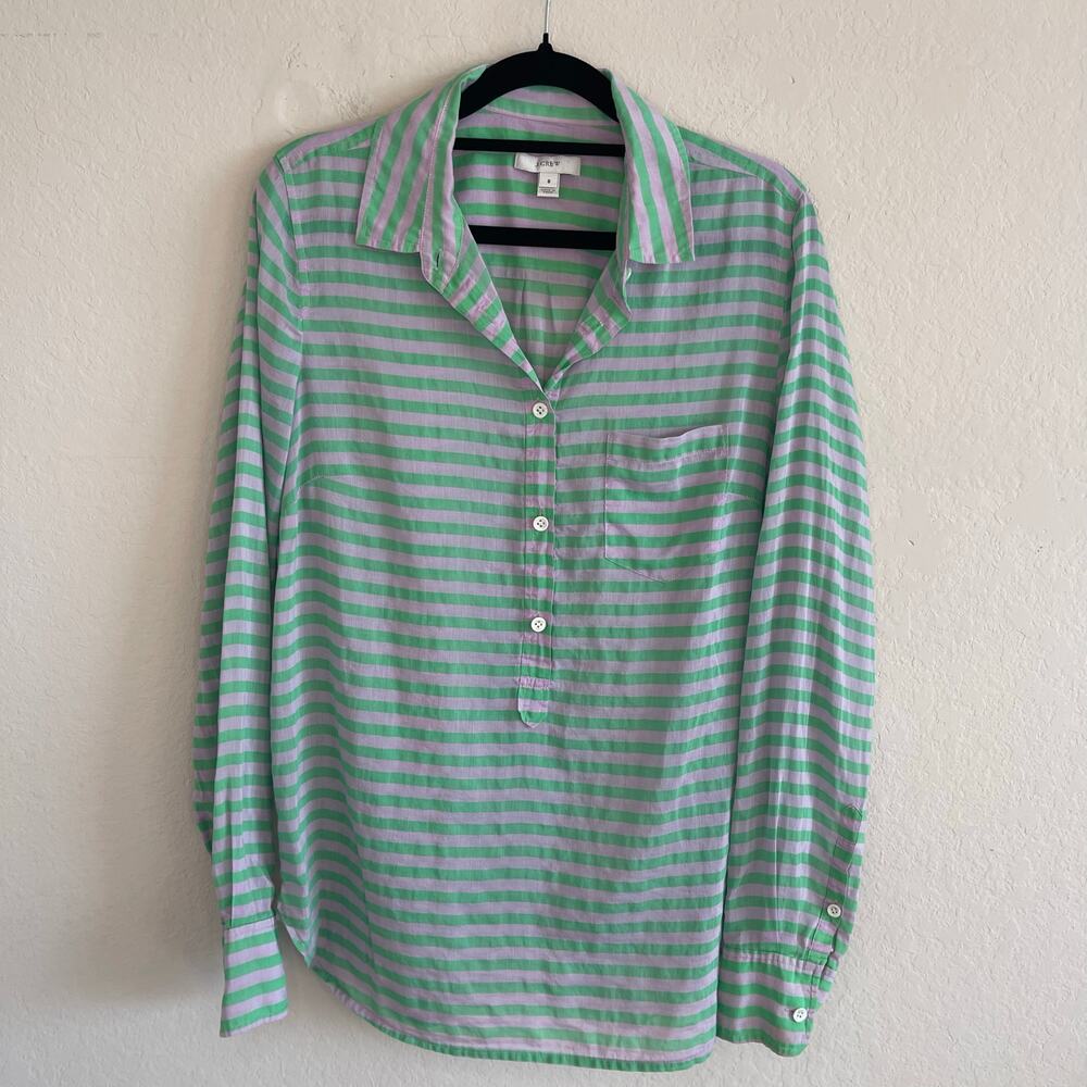 J. Crew Striped Green & Purple Silk Blend Popover Top Blouse Women’s - Size 8